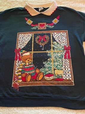 Holiday Teddy Window Sweatshirt - Navy, cottagecore, grandmacore